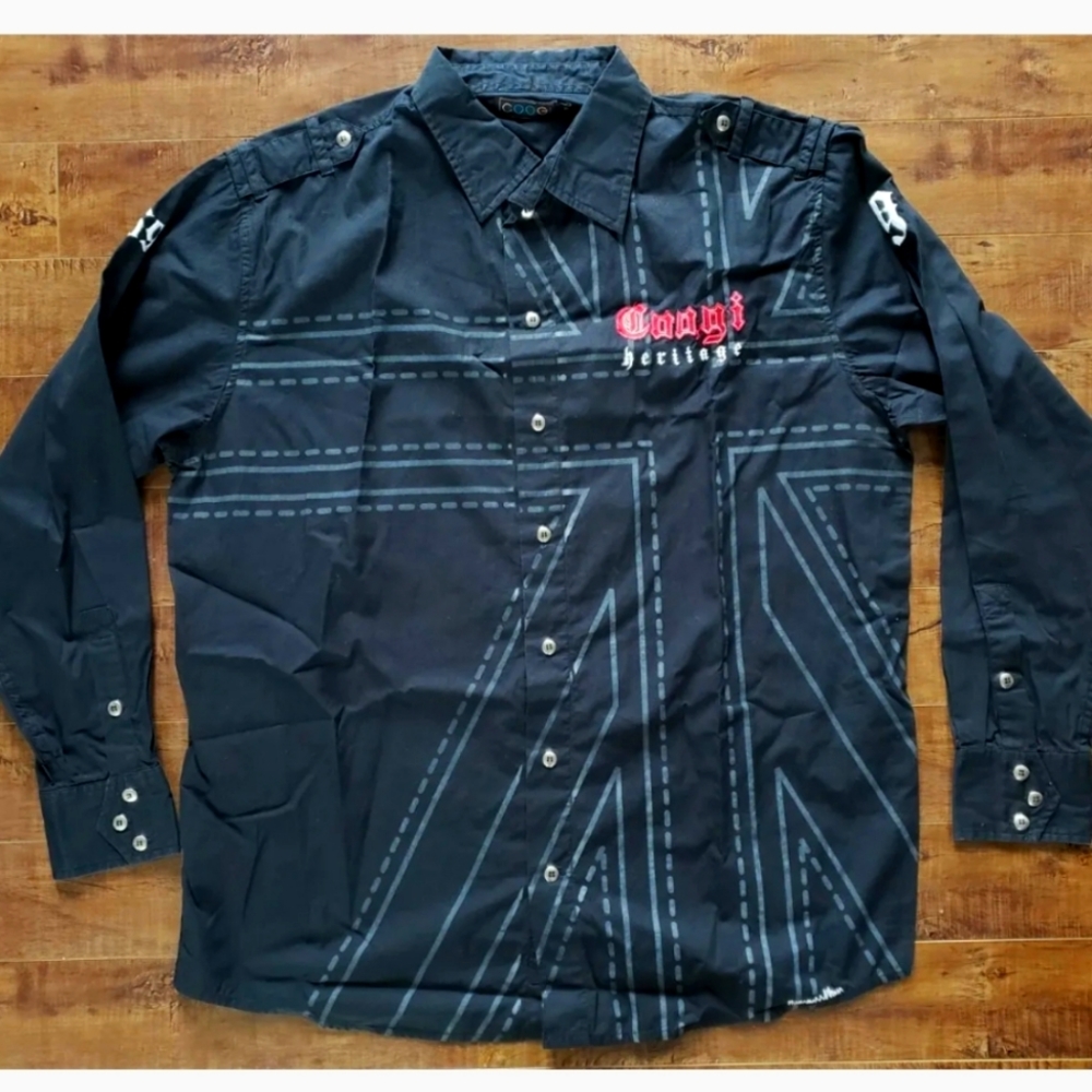COOGI Heritage Long Sleeve BLACK Button Down Shirt Print Embroidered Men Sz XL
